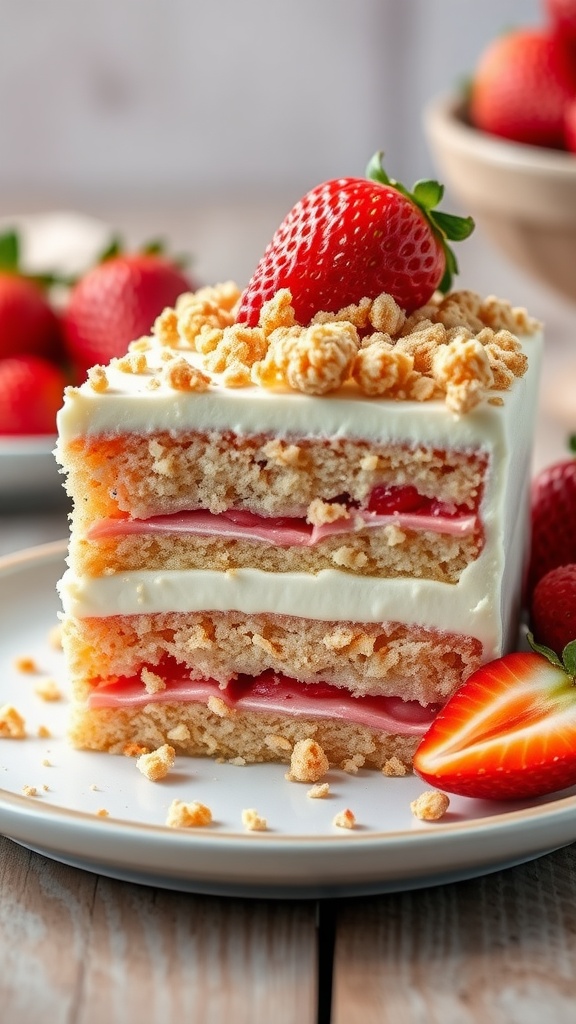 A slice of strawberry crunch cake with layers of frosting and a crunchy topping, accompanied by fresh strawberries on a rustic table.